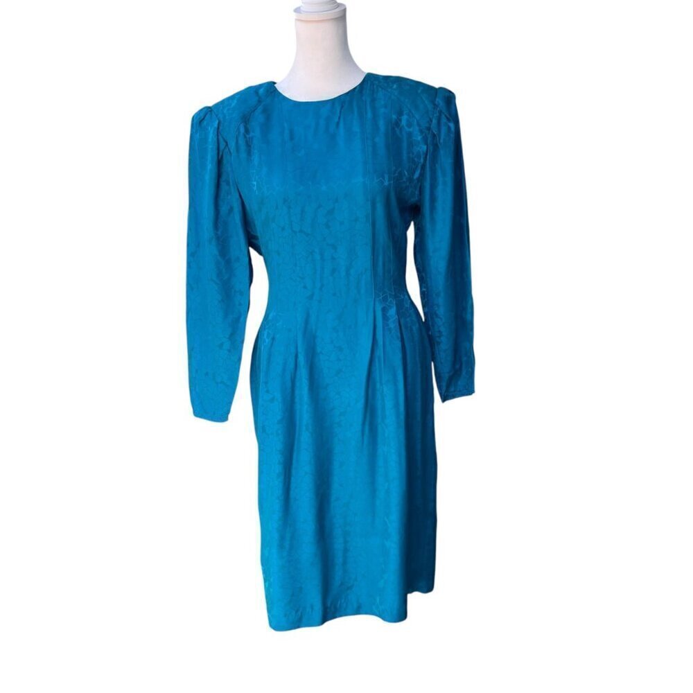 Vintage 1980s Argenti Petites 100% Silk Midi Dress Long Sleeve Teal Geo Size 6